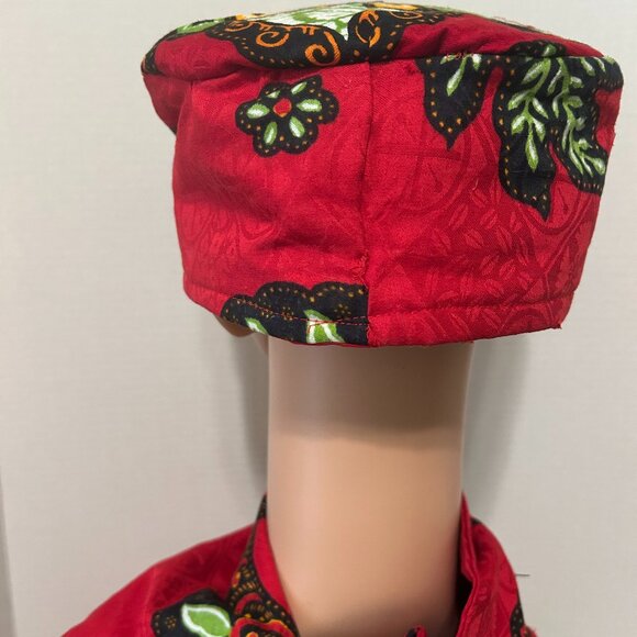 A Mulitple Colored Red African Hat with matching Scarf with Tassels main image 2
